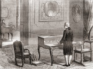Die erste Demonstration des elektrischen Telegrafen im Jahr 1774, erfunden von Georges-Louis Le Sage, aus Les Merveilles de la Science, veröffentlicht um 1870 (Gravur)