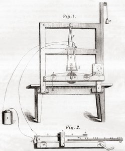 Der erste elektrische Telegraph, erfunden von Samuel Morse im Jahr 1837, aus Les Merveilles de la Science, veröffentlicht um 1870 (Stich) von French School