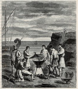 Die ersten Seefahrer im griechischen Archipel gewannen Frischwasser durch Verdampfen von Meerwasser - Gravur in „Sciences available to all - Popular physics and chemistry“ von Alexis Clerc - Ende 19. Jahrhundert - Private Sammlung