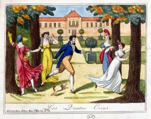 Das Spiel der vier Ecken. Gravur Anfang des 19. Jahrhunderts