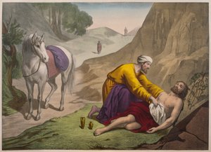 Der barmherzige Samariter, Illustration aus einem Katechismus L