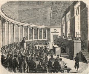 Das große Amphitheater während eines Wettbewerbs an der juristischen Fakultät in Paris - Gravur in „Tableau-de-Paris“ von Edmond Texier 1852 von French School