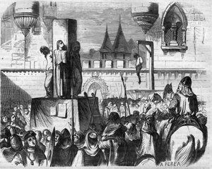 Die Ketzer, die von den Priestern von Gilbert de la Porree, Bernard de Clairvaux und Abbe Suger in Frankreich gehängt und verbrannt wurden
