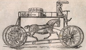 Das Hippocycle: Erfindung zur „Pferdeerhaltung“ als Transportmittel nach der Ankunft von Autos und Fahrrädern. Gravur in „Le Pelerin“ vom 9. August