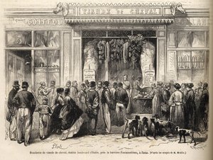 Der Pferdemetzgerladen an der Barriere de Fontainebleau (Paris) eröffnet 1866 - Boucherie chevaline - Boucherie Meat de Cheval Boulevard Italie nahe der Barriere de Fontainebleau 1866) Gravur in „Le monde illustrious“ von 1866