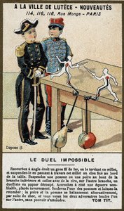 Das unmögliche Duell: Kinderkarte, die ein Spiel erklärt, das man selbst bauen kann. Chromolithographie des 19. Jahrhunderts