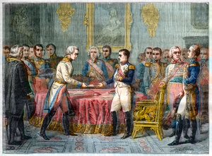 Das Treffen von Erfurt, 27. September - 14. Oktober 1808 - Napoleon I. empfängt Baron Vincent, österreichischer Diplomat und Gesandter des Kaisers von Österreich, rechts Alexander I. von Russland (1777-1825) - Versammlung der Fürsten in Erfurt am 27. Septe von French School