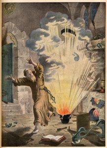 Die Erfindung des Schießpulvers durch den deutschen Mönch und Alchemisten Berthold Schwartz (ca. 1318-1384) - Berühmte Erfindungen. Das Pulver. Illustration für Le petit Journal, 27. Januar 1901. von French School