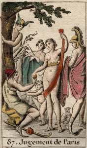 Das Urteil des Paris, der Hirte Paris muss entscheiden, wem er den goldenen Apfel gibt, um die schönste der drei Göttinnen, Athena, Aphrodite oder Hera, zu bestimmen. Aus „Mythologie der Jugend“ von Pierre Blanchard 1803 von French School