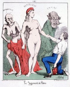 Das Urteil des Paris: Monarchie - Republik - Imperium (ein Kommunarde wählt die Republik). Karikatur über die Kommune. von French School