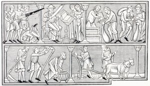 Die Arbeiten des Krieges, der Wissenschaft, des Handels und der Landwirtschaft, nach einer Miniatur in einem Psalter aus dem 13. Jahrhundert, aus Les Arts au Moyen Age, veröffentlicht 1873