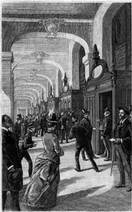 Die Briefkasten-Galerie des Hotel des Postes de la rue du Louvre in Paris. Gravur im Journal „La jeunesse“.