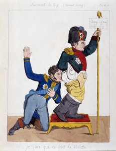 Der Marschall Michel Ney (1769-1815) schnüffelt am Hintern von Napoleon I.: „Ich schwöre, es riecht nach Veilchen“, ca. 1810 von French School