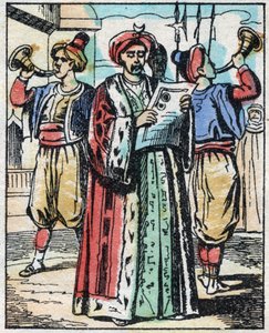 Die Hochzeit der Tochter des Sultans mit dem Sohn des Großwesirs wird von einem öffentlichen Vorleser verkündet. Gravur aus dem Märchen Tausendundeine Nacht "Aladin und die Wunderlampe". Epinal-Bild, Ende des 19. Jahrhunderts. Private Sammlung.