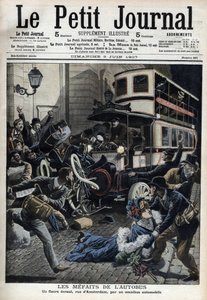 Die Missgeschicke des Busses: ein Fiaker wird von einem Bus in der Pariser Straße von Amsterdam überfahren - „Le Petit Journal“, Juni 1907 (Gravur) von French School