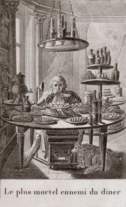 Der tödlichste Feind des Abendessens - Gravur in „Almanach der Feinschmecker, als Leitfaden für die Zubereitung exzellenter Gerichte. Von einem alten Amateur“ von Alexandre Balthazar Laurent Grimod de la Reyniere - 1804-1812