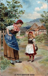 Die Mutter des Rotkäppchens warnt sie vor dem Wolf. Illustration des Märchens „Rotkäppchen“ von Charles Perrault (1628-1703) von French School