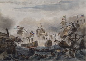 Die Seeschlacht von Kap La Hogue im Jahr 1692, graviert von Chavanne von French School