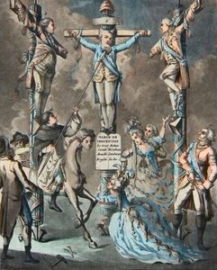 Das neue Kalvarienberg, Ludwig XVI. ans Kreuz genagelt von Aufständen - 2. und 3. Monsieur (Louis Stanislas Xavier, Graf von Provence (1755-1824), Louis XVIII) und der Graf von Artois (Charles Philippe (1757-1836) Charles X), Brüder des Königs, gelehnt an 