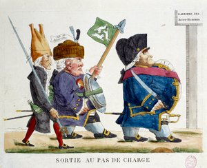 Der Auszug beim Angriffsschritt. Karikatur, die Männer zeigt, die die Barriere der guten Männer unter der Restauration (1823) überqueren. Gravur von 1823. Paris, Musée Carnavalet von French School