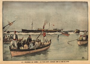 Die Pilgerfahrt der Männer ins Heilige Land von Jaffa (Israel). Gravur in "Le Pèlerin" 8/09/1901. Sammlung Selva von French School