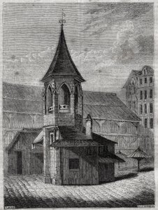 Der Pranger der Halles im 18. Jahrhundert, gebaut auf dem alten Friedhof der Unschuldigen - Gravur in Die physische, zivile und moralische Geschichte von Paris: von den frühesten historischen Zeiten bis zur Gegenwart von Jacques Antoine Dulaure