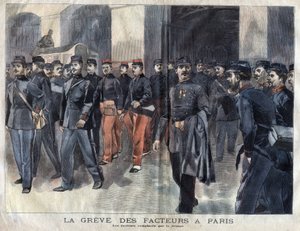 Der Poststreik: Soldaten und Stadtwachen, die in Paris Briefe verteilen. Gravur von 1899 in „La petite Gironde“ von French School