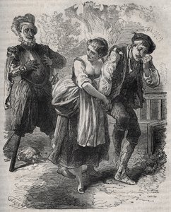 Die Rückkehr von Martin Guerre (um 1524 um 1560): Er erschien vor seiner Frau, Bertrande de Rols, und demjenigen, der seine Identität usurpiert hatte, dem Betrüger Arnaud du Tilh (Thil). Gravur von 1871 in „Histoire Des Cocus Celebres“ von Henry de Kock (1 von French School