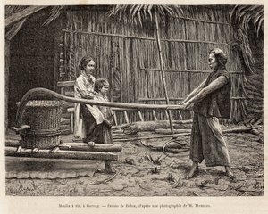 Die Reismühle vor dem Haus eines Bauern in Gocong, Gravur nach einer Zeichnung von Robin, die die Reise nach Cochinchina, von Doktor Morice, im Jahr 1872 illustriert, veröffentlicht in „Le tour du monde“ 1875, herausgegeben von Edouard Charton, Hachette Ed von French School