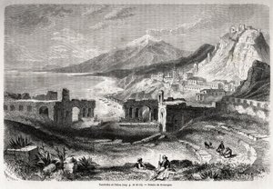 Die Ruinen des antiken Theaters von Taormina (Tauromenium), am Fuße des Berges Taurus, mit Blick auf das moderne Dorf Giardini und den Ätna, Zeichnung von Adolphe Rouargue (1810-187?) und Emile Rouargue (ca. 1795-1865) zur Illustration von Felix Bourquelot von French School