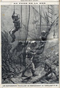 Die Taucher arbeiten an der Bergung des Torpedos 83, der in der Bucht von Douarnenez in Finistère in der Bretagne gesunken war, in "Le Petit Parisien"