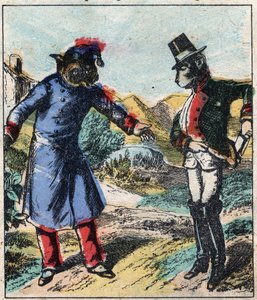 Der kranke Löwe und der Fuchs. Fabeln von Jean de La Fontaine (1621-95). Epinal Imaging aus dem späten 19. Jahrhundert. von French School