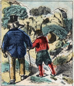 Der kranke Löwe und der Fuchs. Fabeln von Jean de La Fontaine (1621-95). Epinal-Bildgebung Ende des 19. Jahrhunderts. von French School
