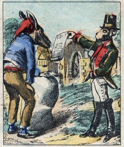 Der kranke Löwe und der Fuchs. Fabeln von Jean de La Fontaine (1621-95). Epinal-Bildgebung Ende des 19. Jahrhunderts. von French School