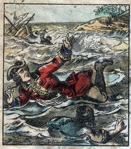 Das Sinken von Lemuel Gulliver. Illustration für „Gullivers Reisen“ von Jonathan Swift (1667-1745). Epinal Imaging Ende des 19. Jahrhunderts. von French School