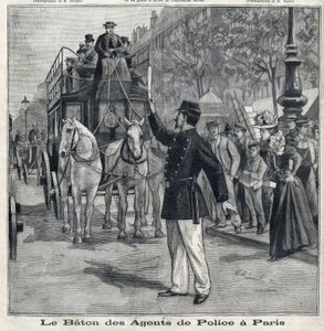 Der Stock der Polizisten in Paris zur Regelung des Verkehrs in den Straßen der Hauptstadt, in "Le Petit Parisien" von French School