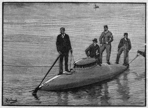 Das U-Boot „Goubet“, das vier Männer trägt. Gravur in „La gazette du dimanche“ vom 28. November 1895. von French School