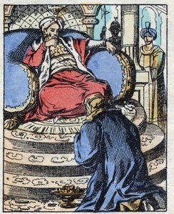 Der Sultan ist erstaunt über die Diamanten, die Aladin ihm anbietet, um um die Hand seiner Tochter anzuhalten. Stich aus dem Märchen „Aladin und die Wunderlampe“ aus Tausendundeine Nacht. Epinal-Bild, Ende des 19. Jahrhunderts. Private Sammlung. von French School