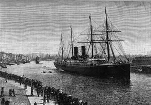 Der transatlantische Liner „La Gascogne“ im Hafen von Le Havre im Jahr 1887. Gravur im illustrierten Journal „La jeunesse“ von French School