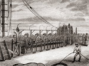 Das Abwickeln des transatlantischen Telegraphenkabels an Bord der S.S. Great Eastern von French School