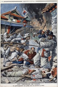 Die Unruhen in Korea, die japanische Wache kämpft mit den Aufständischen in Seoul, unzufrieden mit der Abdankung von Yi-Yeung - „Le Petit Journal“ vom 4. August von French School