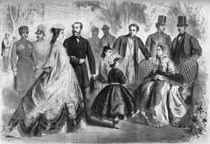 Die Wassersaison in Kissingen, Deutschland, 1864. Anwesend, von links nach rechts: Elisabeth von Wittelsbach (Sissi) (1837-1898) Kaiserin von Österreich, Alexander II. (1818-1881) Kaiser von Russland, Ludwig II. (1845-1886) König von Bayern, Maria Alexandr