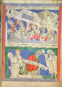 Der Wind, personifiziert durch Satan, bringt das Haus von Hiob über seinen Kindern zum Einsturz, die um den Tisch versammelt sind, und Hiobs Frau fällt in Ohnmacht, als sie die Nachricht hört, aus Moralia in Job von Papst Gregor dem Großen
