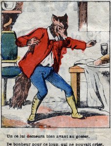 Der Wolf und der Storch. Fabeln von Jean de La Fontaine (1621-95). Epinal-Bild Ende des 19. Jahrhunderts. von French School