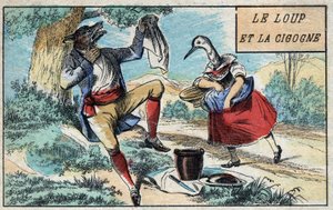 Der Wolf und der Storch. Fabeln von Jean de La Fontaine (1621-95). Epinal-Bild Ende des 19. Jahrhunderts.