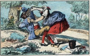 Der Wolf und der Storch. Fabeln von Jean de La Fontaine (1621-95). Epinal-Bild Ende des 19. Jahrhunderts.