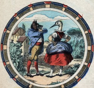 Der Wolf und der Storch. Fabeln von Jean de La Fontaine (1621-95). Epinal Imaging aus dem späten 19. Jahrhundert.