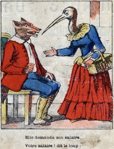 Der Wolf und der Storch. Fabeln von Jean de La Fontaine (1621-95). Epinal-Bildgebung Ende des 19. Jahrhunderts. von French School