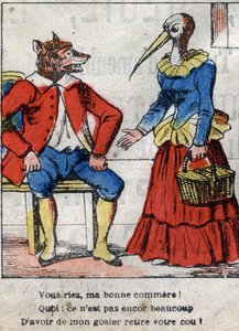 Der Wolf und der Storch. Fabeln von Jean de La Fontaine. Epinal-Bildgebung Ende des 19. Jahrhunderts. von French School