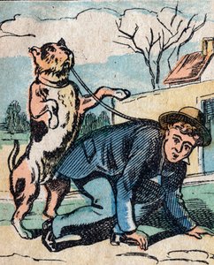Die Welt auf den Kopf gestellt, ein imaginäres Land: ein Hund führt seinen Herrn an der Leine - Epinal-Bild von French School